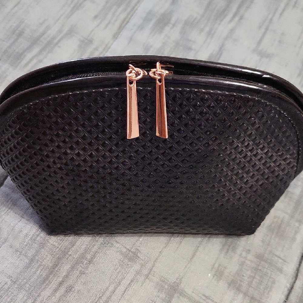 Black Textured Women's Cosmetic Pouch with Rose Gold Accents